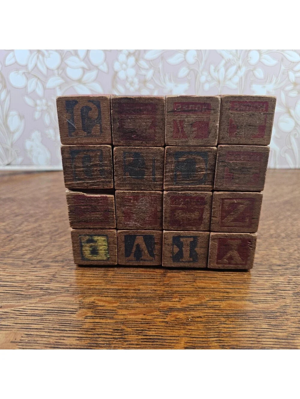 Vintage Interlocking Wooden Alphabet Blocks Lot 16 ABC Picture Toy Raised Stripe